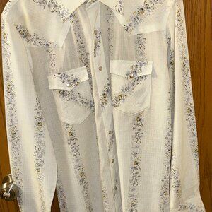 White Floral Womens Wetern Long Sleve Button Up Shirt Size Large